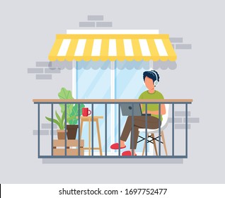 Man working on balcony, work from home concept. Stay at home during epidemic. Cute vector illustration in flat style