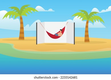 Man working on beach 2d vector illustration concept for banner, website, illustration, landing page, flyer, etc