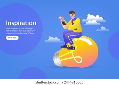 Man working on big bulb idea. Productive businessman working with mobile phone. project planning. idea or innovation to success, inspiration or solution to solve work problem. vector illustration.