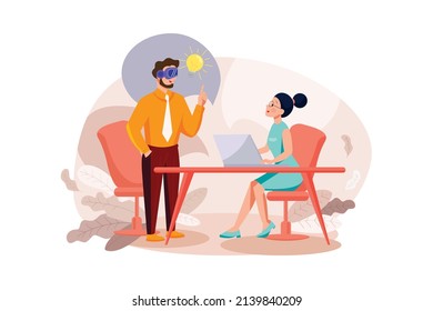 Man working on the business idea using VR tech Illustration concept. Flat illustration isolated on white background.