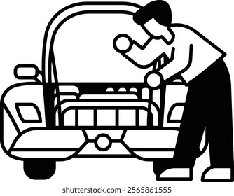 A man is working on a car engine. The man is wearing a hat and is looking at the engine