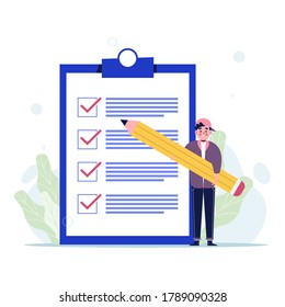 Man working on checking list giant check list background. Flat vector illustration