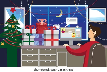 Man working on Christmas Eve. home office working concept.