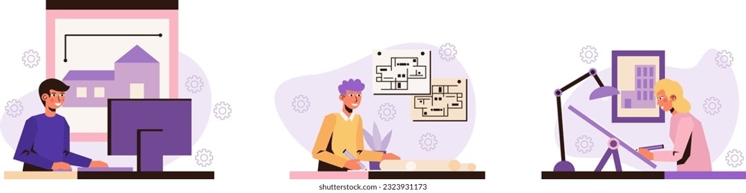 Man working on computer in architect program. Male and woman working on project, draw plan on paper. House design and layout concept. Flat vector illustration in purple colors