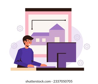 Man working on computer in architect program. House design and layout concept. Process of create house project. Flat vector illustration in purple colors