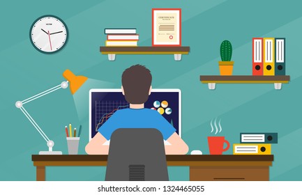 Man is working on the computer. Back view. Person sitting on a chair in the desk or table in the office room with a computer, wall clock and a lamp. Home office, workplace or workspace concept. Vector