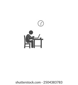 Hombre trabajando en la computadora. Hombre detrás del icono del escritorio de la computadora. Icono de silueta de estilo simple. Persona, trabajo, ordenador portátil, mesa, silla, asiento, concepto de lugar de trabajo. Ilustración vectorial aislada sobre fondo blanco. 