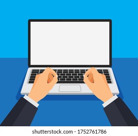 Man working on computer. Boy type or print on a keyboard in front of a blank white monitor. Laptop template with empty screen. Vector illustration.