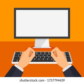 Man working on computer. Boy type or print on a keyboard in front of a blank white monitor. Computer template with empty white screen. Vector illustration.