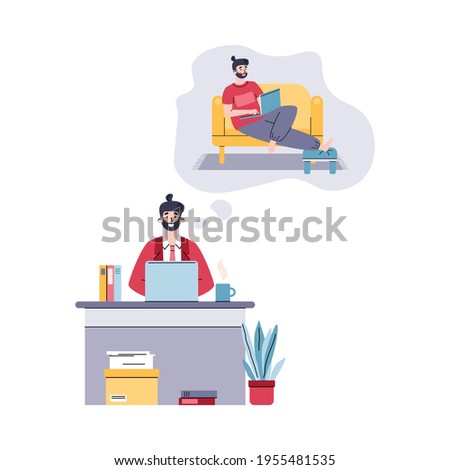 Man working on computer in business office dreaming freelance work in home.