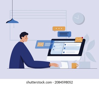 man working on on computer. Busy man at workplace flat vector illustration.