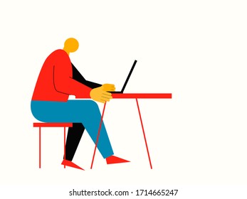 man working on computer colorful flat design, working from home vector illustration