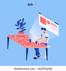 Man working on computer concept. Building a landing page of website. Vector illustration