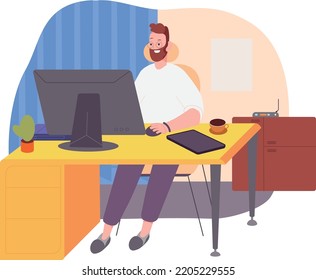 Man working on computer in cozy home interior isolated on white background
