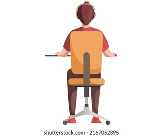 Man working on computer at desk. Back view of guy sitting on chair at workplace. Office employee during work with laptop. Company worker in headphones typing on keyboard. Male character doing job