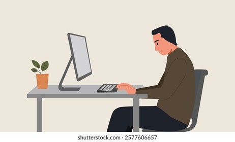 A man working on a computer with a desk plant, focused on his work in a simple, minimalistic workspace