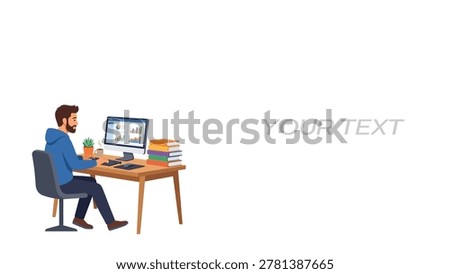 Man Working on Computer at Desk with Books