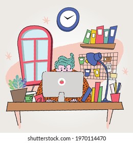 Man Working On Computer Desktop Conceptual Flat Design Illustration with 50s Vintage Retro Style Hand Drawn Cartoon