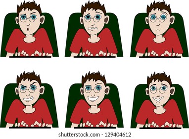 A man is working on a computer with different emotions