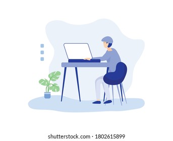 Man working on computer flat vector illustration. workplace, Rate, staff, human resource concept for banner, website design or landing web page