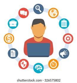 Man working on a computer as a freelancer and icons around him, flat style vector illustration