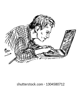 Man working on computer, hand drawn doodle, sketch, black and white vector illustration