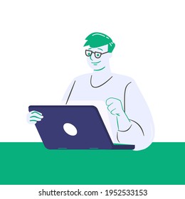 Man working on a computer. Happy passive programmer. Laptop operator. Software developer. Businessman figure. Flat color character vector illustration.
