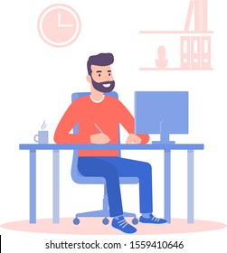 A man working on a computer at his Desk. Flat style color modern vector illustration.