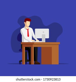 Man working on computer at his office desk. Young man sitting the desk and working on computer. Business people illustration. Flat vector illustration