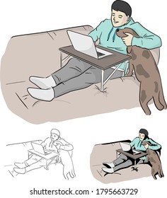 man working on computer at home with dog vector illustration sketch doodle hand drawn with black lines isolated on white background