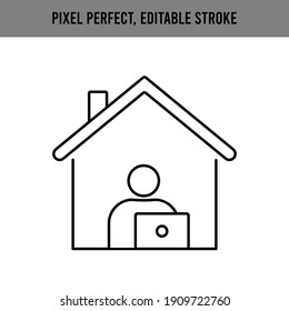 Man working on computer from home line icon. Freelance work, online education. Person sitting in front of laptop at house office. Editable Stroke.