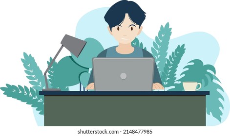 Man working on computer at home illustration