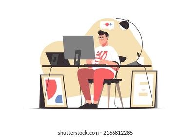 Man working on computer in home office vector illustration. Businessman work from home, busy on computer flat style. Remote job, freelancer, business concept. Isolated on white background