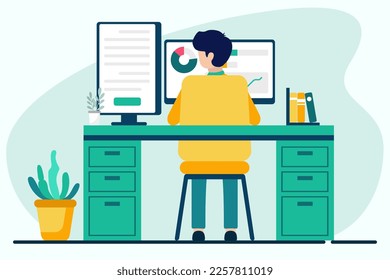 Man working on computer at home office. Vector illustration in flat style