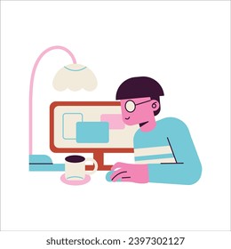 Man working on computer at home. Vector illustration in flat style.