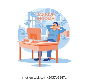 Man working on the computer from home. Earn income online. Passive income concept. Flat vector illustration.