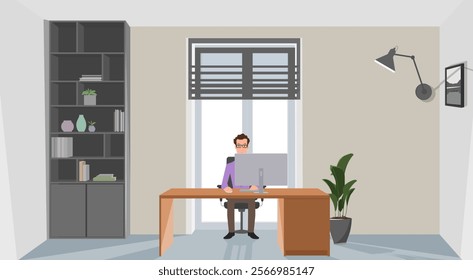 A Man working on a computer with a home or office background. Vector illustration