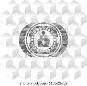 man working on computer icon inside realistic grey emblem with geometric cube white background