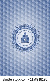 man working on computer icon inside blue emblem or badge with abstract geometric polygonal pattern background.