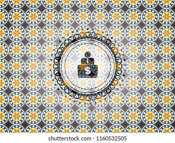 man working on computer icon inside arabic emblem. Arabesque decoration.