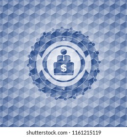 man working on computer icon inside blue emblem or badge with geometric pattern background.