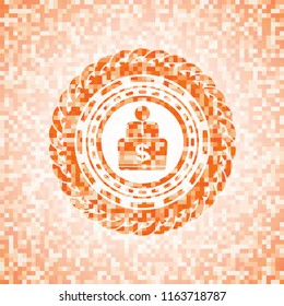 man working on computer icon inside orange mosaic emblem with background