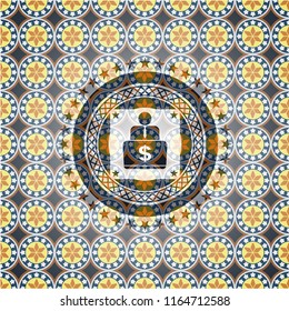 man working on computer icon inside arabic style emblem. Arabesque decoration.