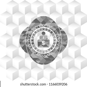 man working on computer icon inside realistic grey emblem with cube white background