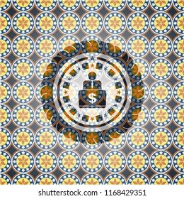 man working on computer icon inside arabesque style badge. arabic decoration.