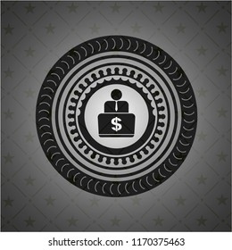 man working on computer icon inside dark emblem. Retro