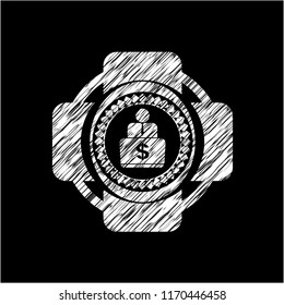 man working on computer icon inside chalkboard emblem