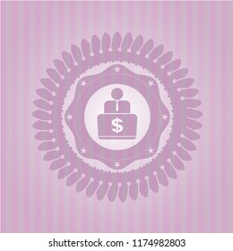 man working on computer icon inside badge with pink background