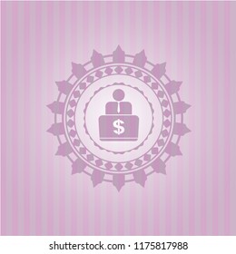 man working on computer icon inside pink emblem