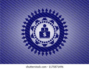 man working on computer icon inside emblem with jean texture